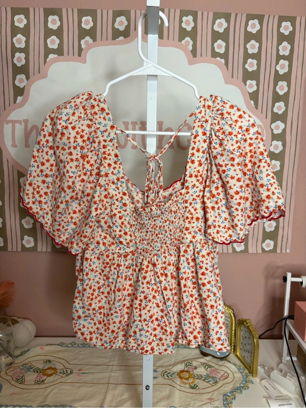 Floral Puff-Sleeve Peplum Top - Cream with Orange Floral